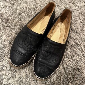 CHANEL Black Leather Espadrilles